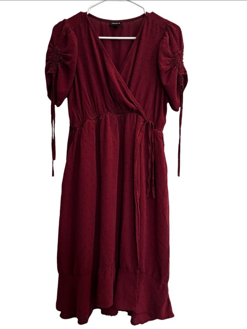 Torrid Midi Swiss Dot Rayon Surplice Dress Short Sleeve Maroon Faux Wrap 0 Large